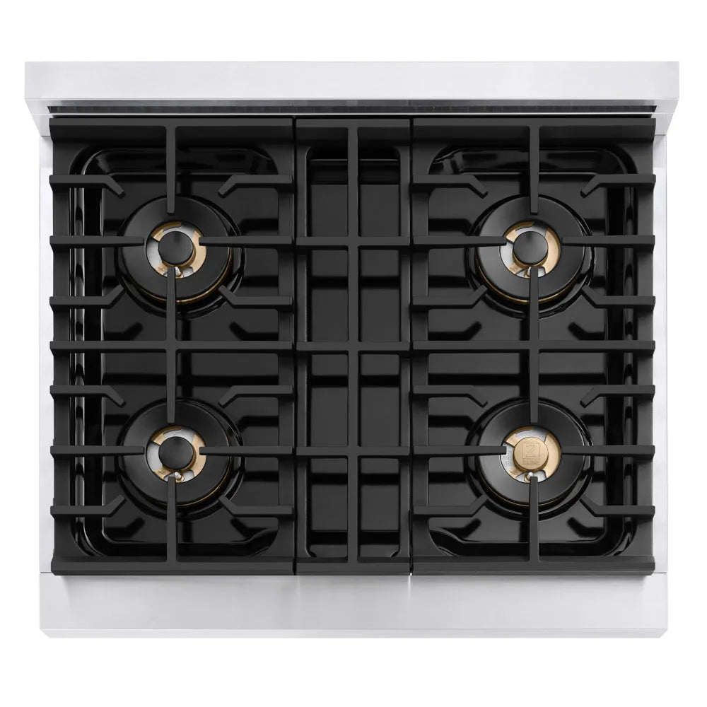 ZLINE Autograph Edition Marino 30-inch range in stainless steel with satin stainless steel door and polished gold accents PMDRZ-30-G, from above