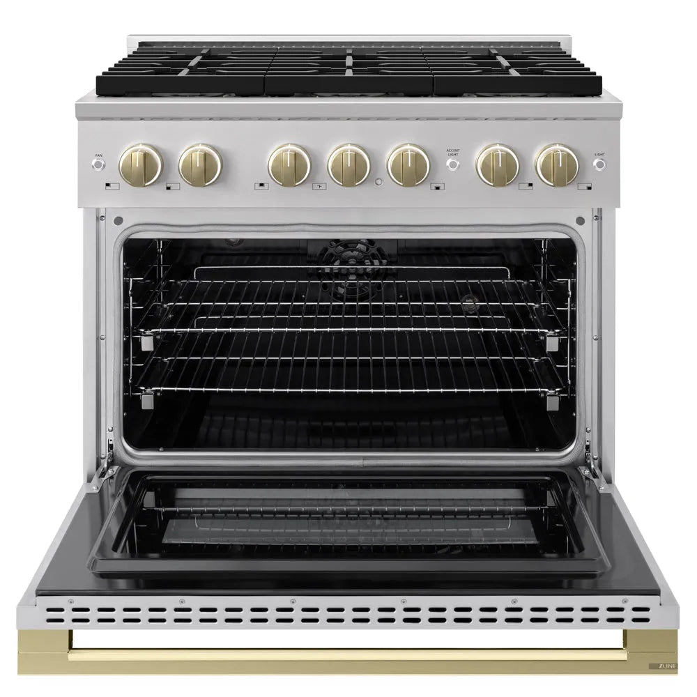ZLINE Autograph Edition Marino 36-inch range in stainless steel and champagne bronze accents PMDRZ-36-CB, front view