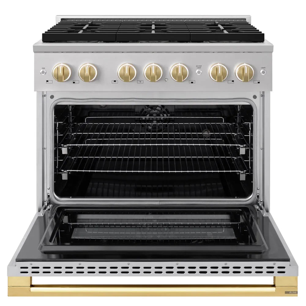 ZLINE Autograph Edition Marino 36-inch range in stainless steel and polished gold accents PMDRZ-36-G, front view
