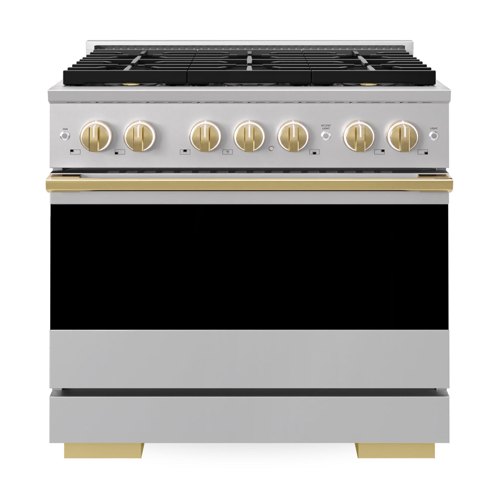 ZLINE Autograph Edition Marino 36-inch range in stainless steel and polished gold accents PMDRZ-36-G, front view