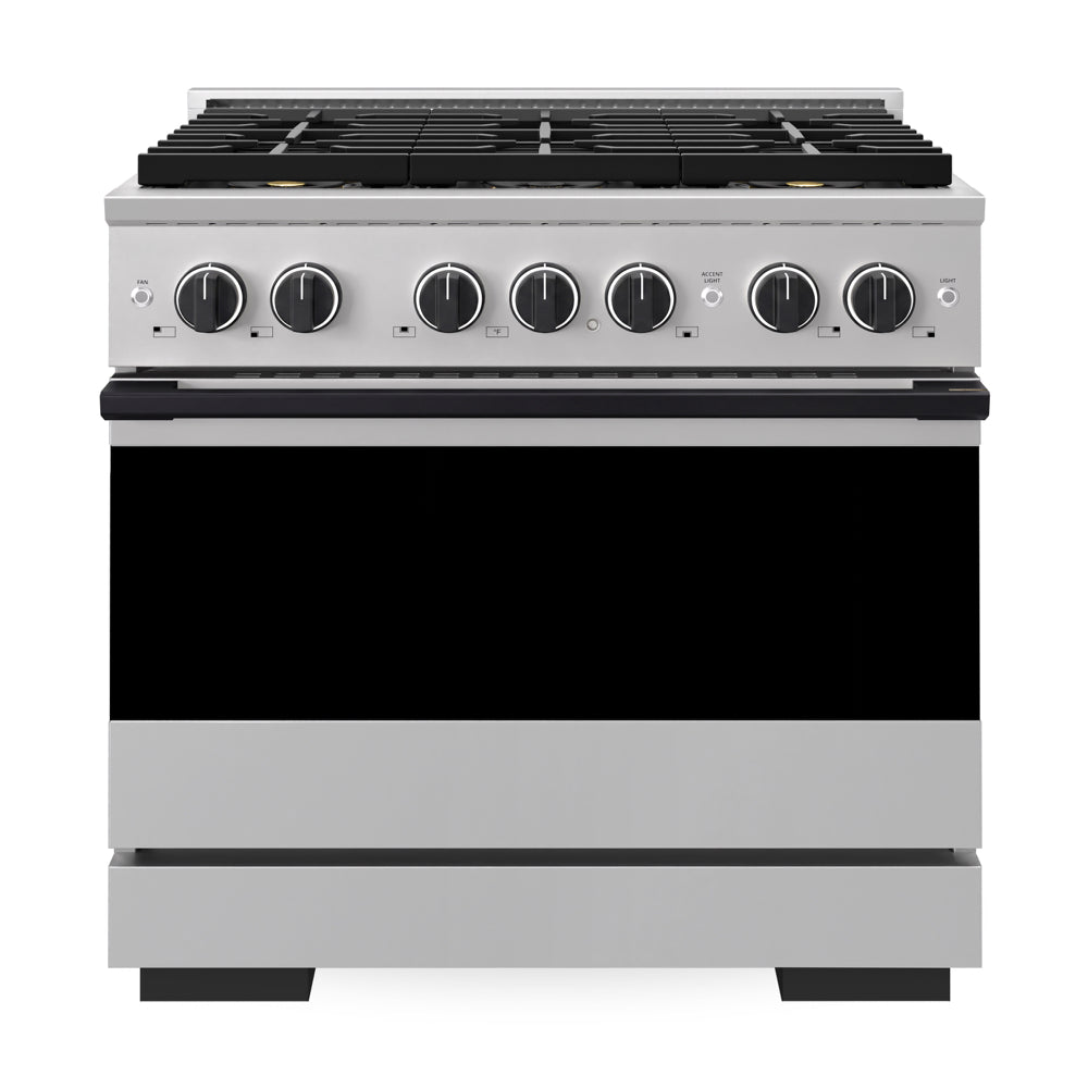 ZLINE Autograph Edition Marino 36-inch range in stainless steel and matte black accents PMDRZ-36-MB, front view