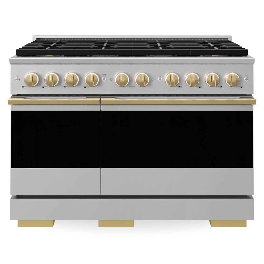 ZLINE Autograph Edition Marino 48-inch range in stainless steel and polished gold accents PMDRZ-48-G, front view
