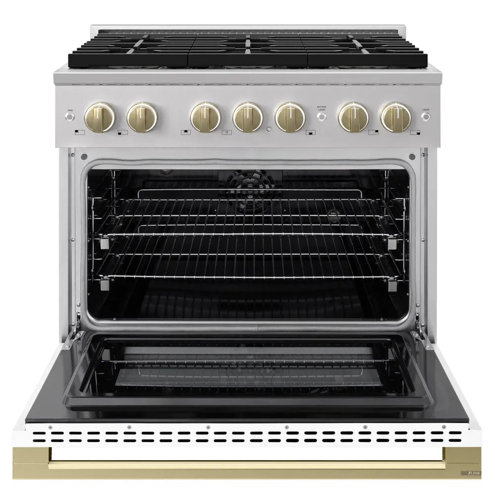 ZLINE Autograph Edition Marino 36-inch range in white matte and champagne bronze accents PMDRZ-WM-36-CB, front view