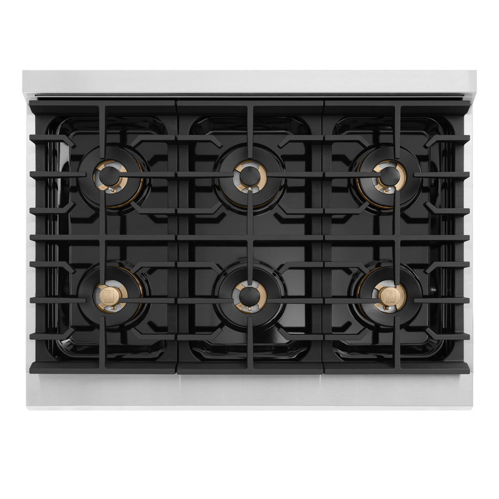 ZLINE Autograph Edition Marino 36-inch range in white matte and champagne bronze accents PMDRZ-WM-36-CB, from above