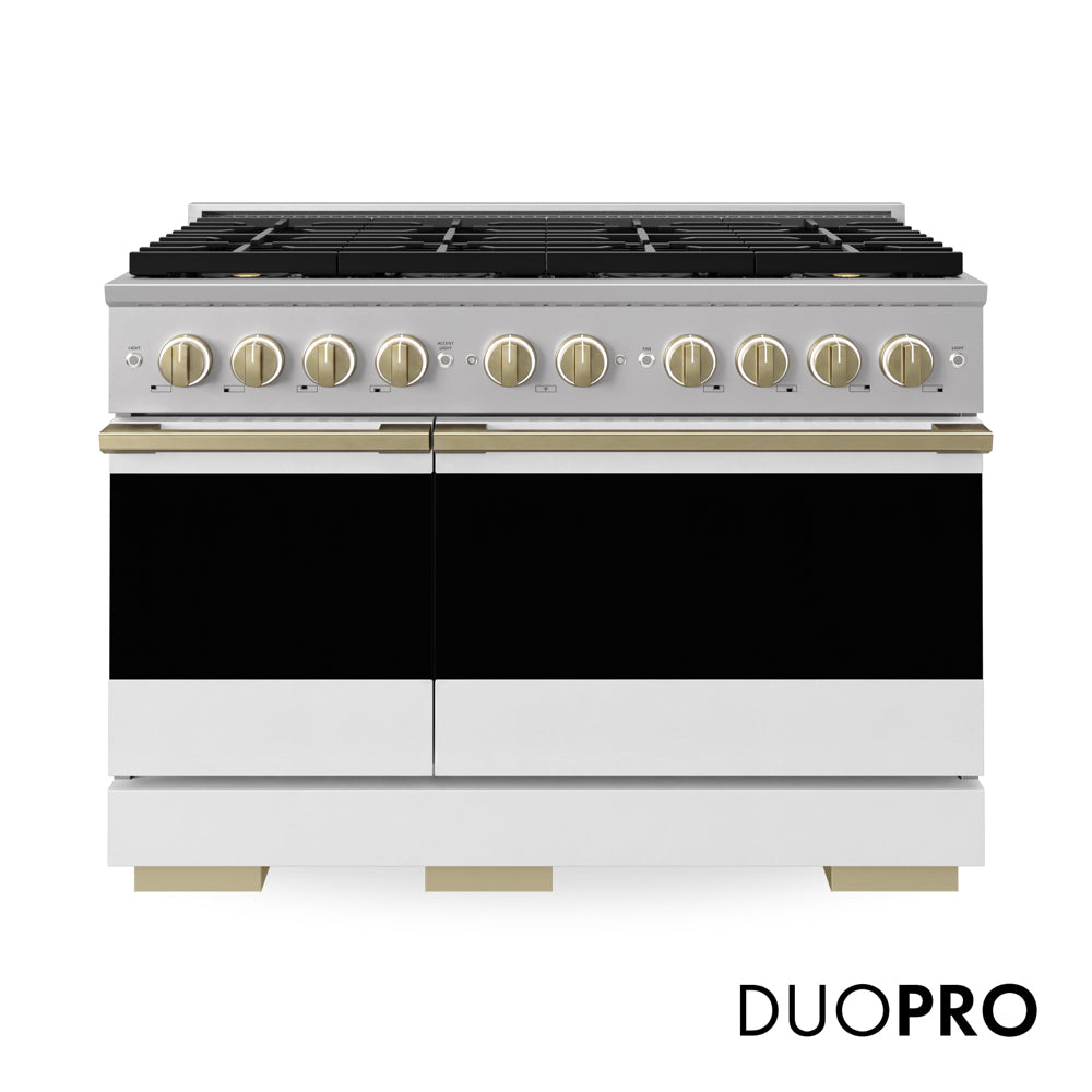 ZLINE Autograph Edition Marino 48-inch range in white matte and champagne bronze accents PMDRZ-WM-48-CB