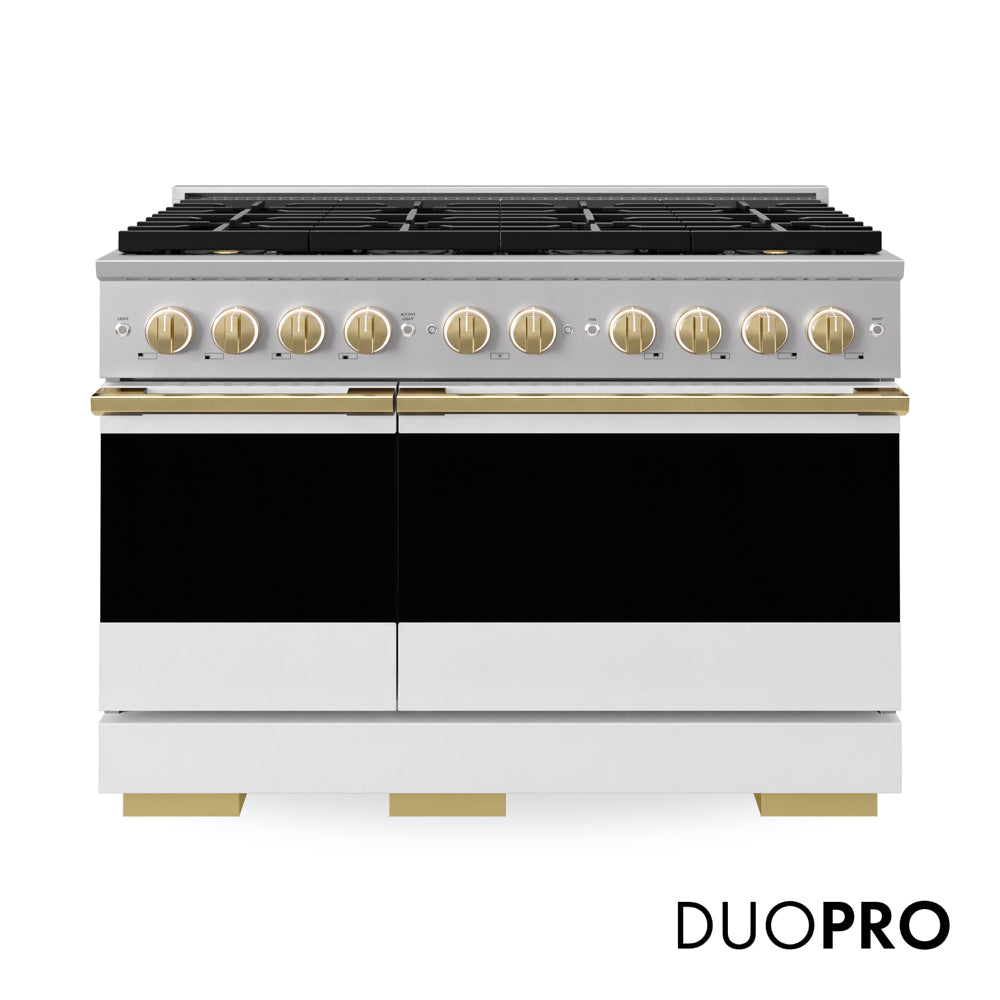 ZLINE Autograph Edition Marino 48-inch range in white matte and polished gold accents PMDRZ-WM-48-G