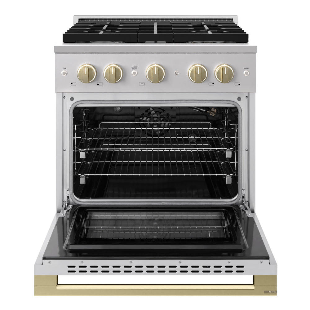 ZLINE Autograph Edition Marino 30-inch range in stainless steel and champagne bronze accents MGRZ-30-CB, front view