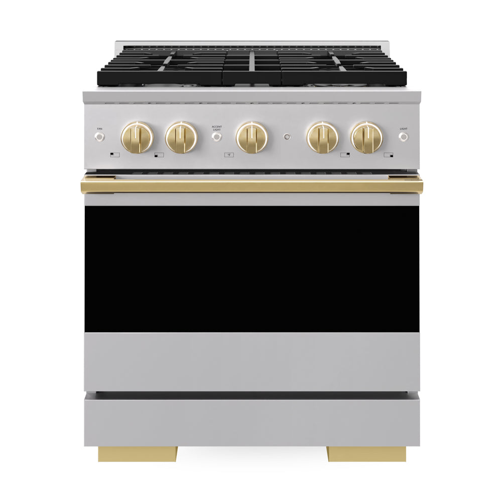 ZLINE Autograph Edition Marino 30-inch range in stainless steel and polished gold accents MGRZ-30-G, front view