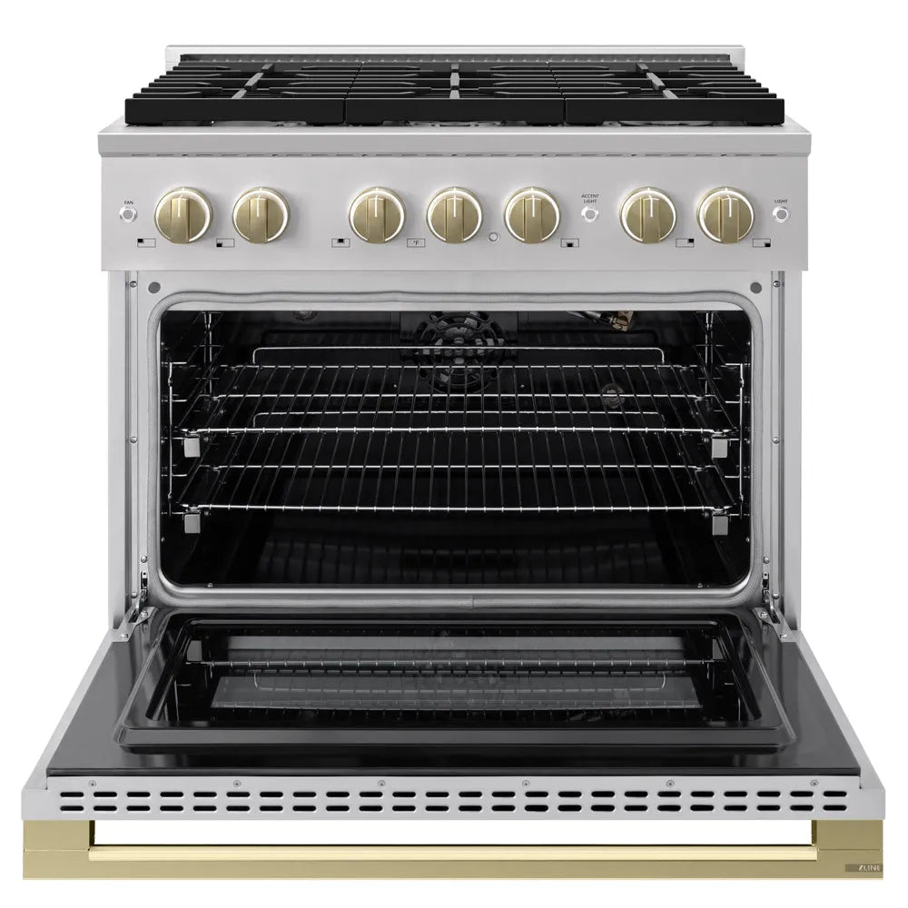ZLINE Autograph Edition Marino 36-inch range in stainless steel and champagne bronze accents MGRZ-36-CB, front view