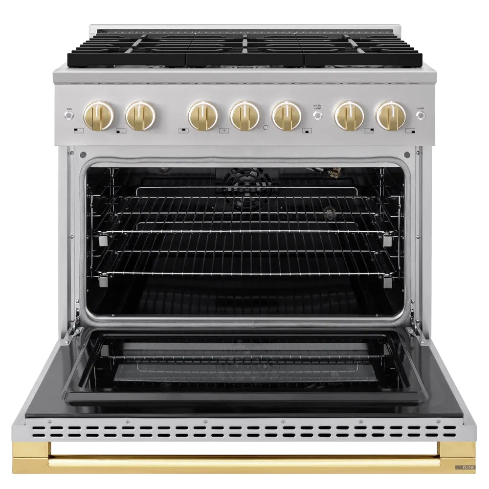 ZLINE Autograph Edition Marino 36-inch range in stainless steel and polished gold accents MGRZ-36-G, front view
