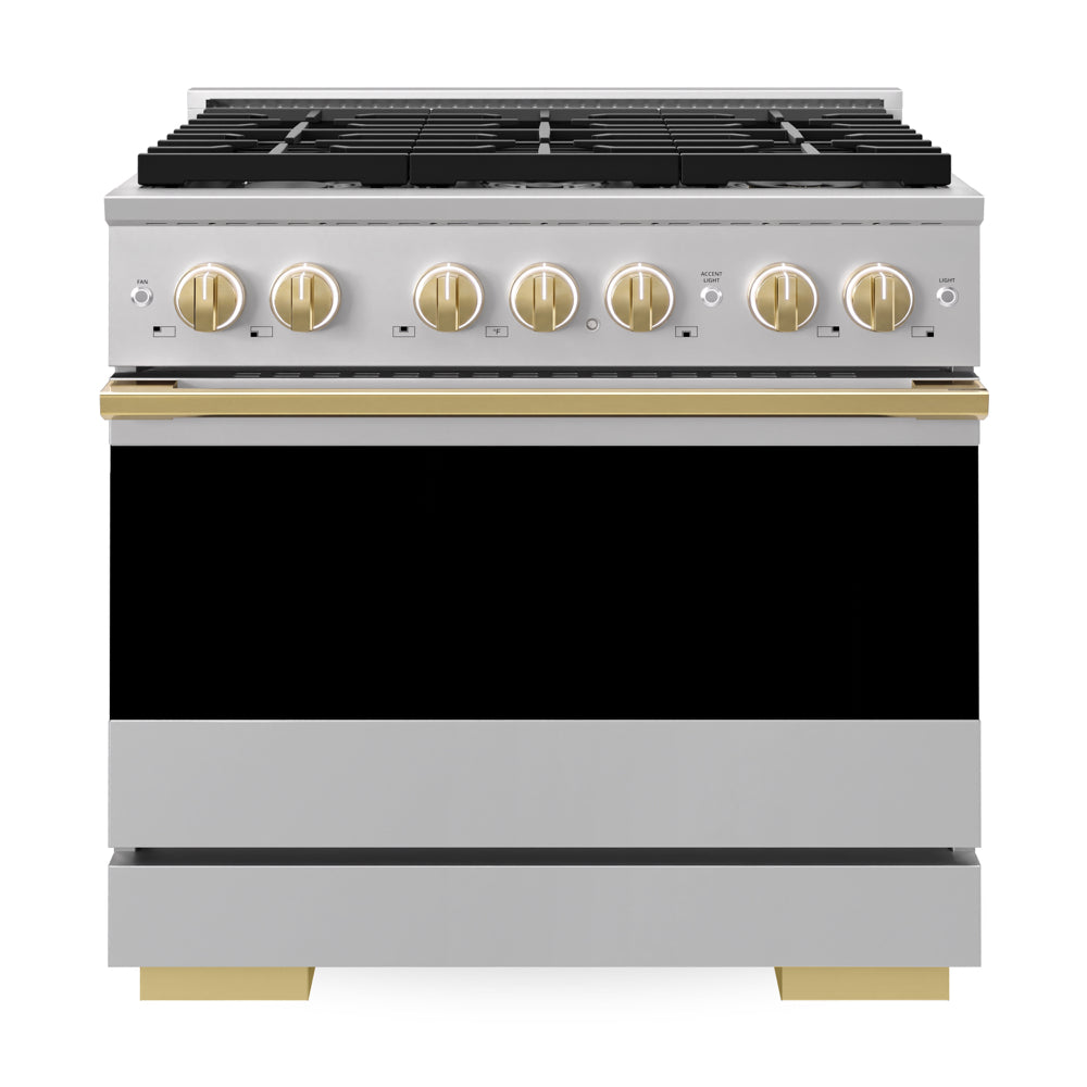 ZLINE Autograph Edition Marino 36-inch range in stainless steel and polished gold accents MGRZ-36-G, front view