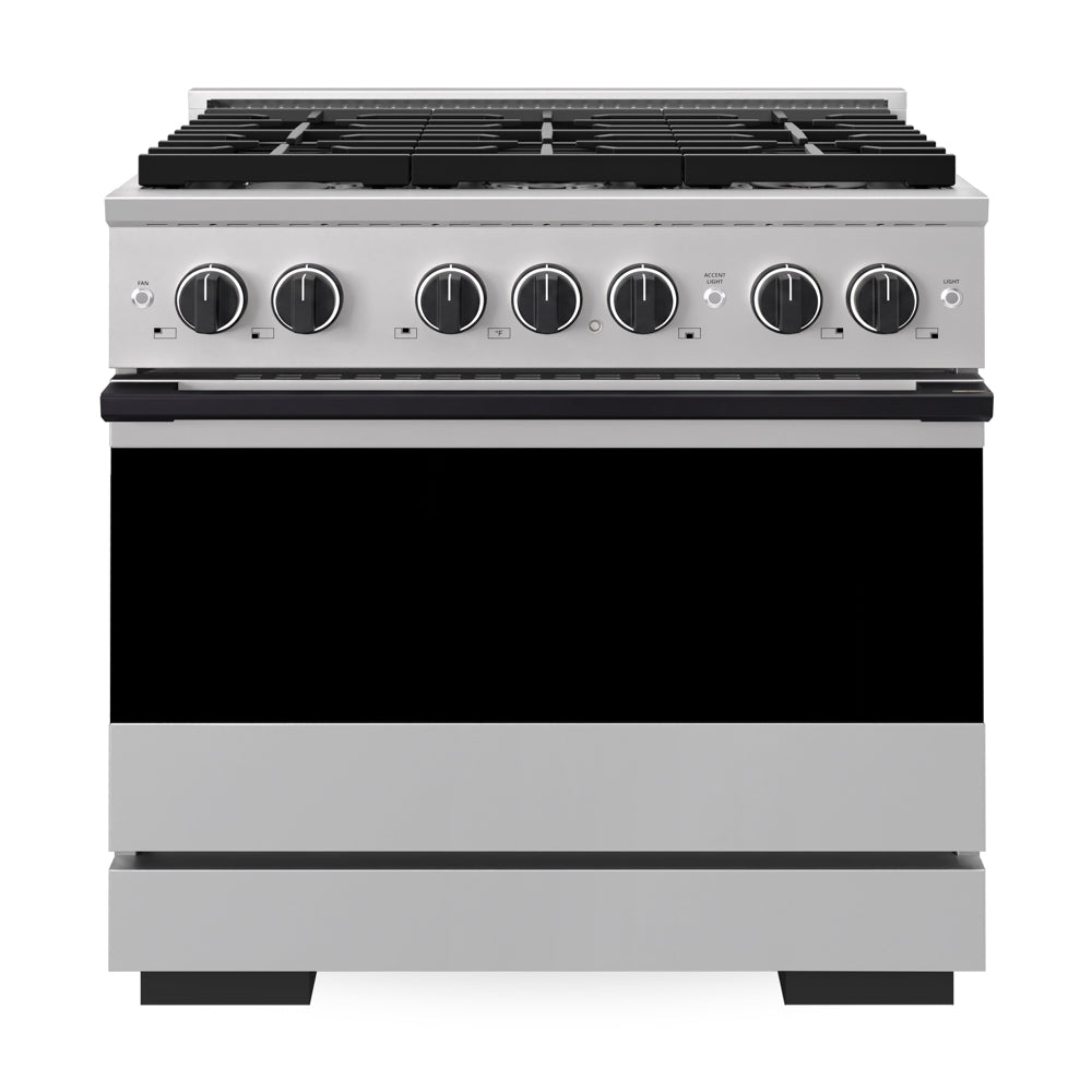ZLINE Autograph Edition Marino 36-inch range in stainless steel and matte black accents MGRZ-36-MB, front view