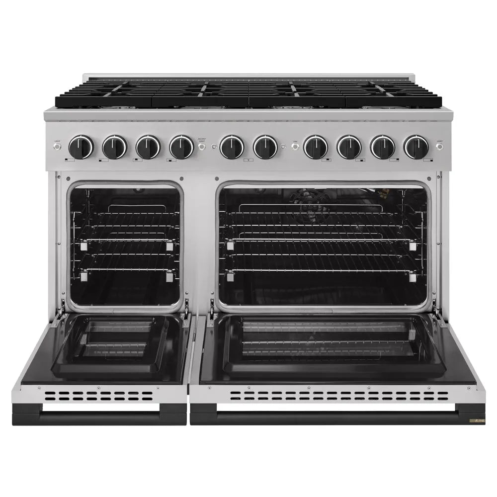 ZLINE Autograph Edition Marino 48-inch range in stainless steel and matte black accents MGRZ-48-MB, front view