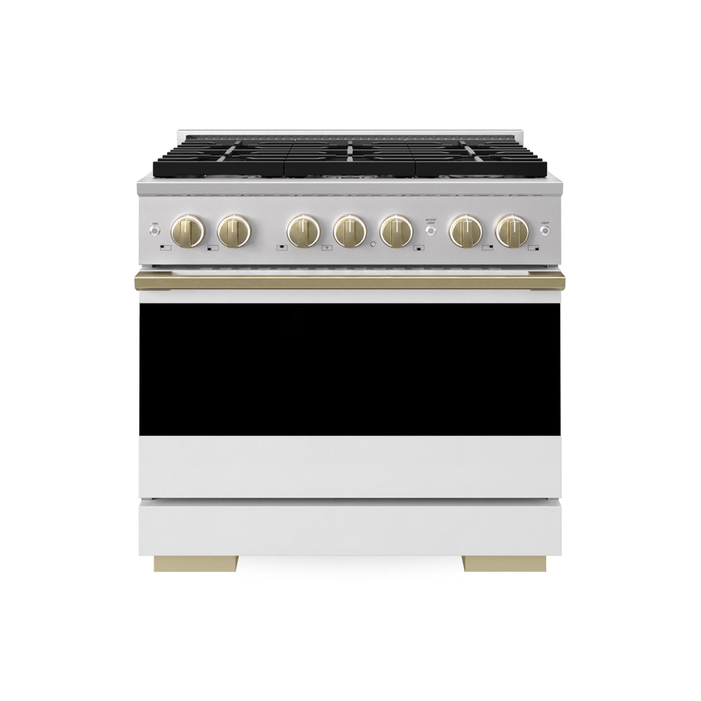 ZLINE Autograph Edition Marino 36-inch range in stainless steel with white matte door and champagne bronze accents MGRZ-WM-36-CB