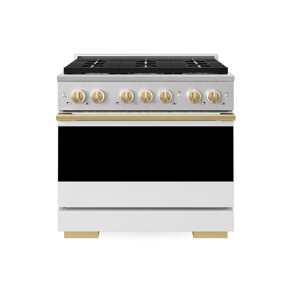ZLINE Autograph Edition Marino 36-inch range in stainless steel with white matte door and polished gold accents MGRZ-WM-36-G
