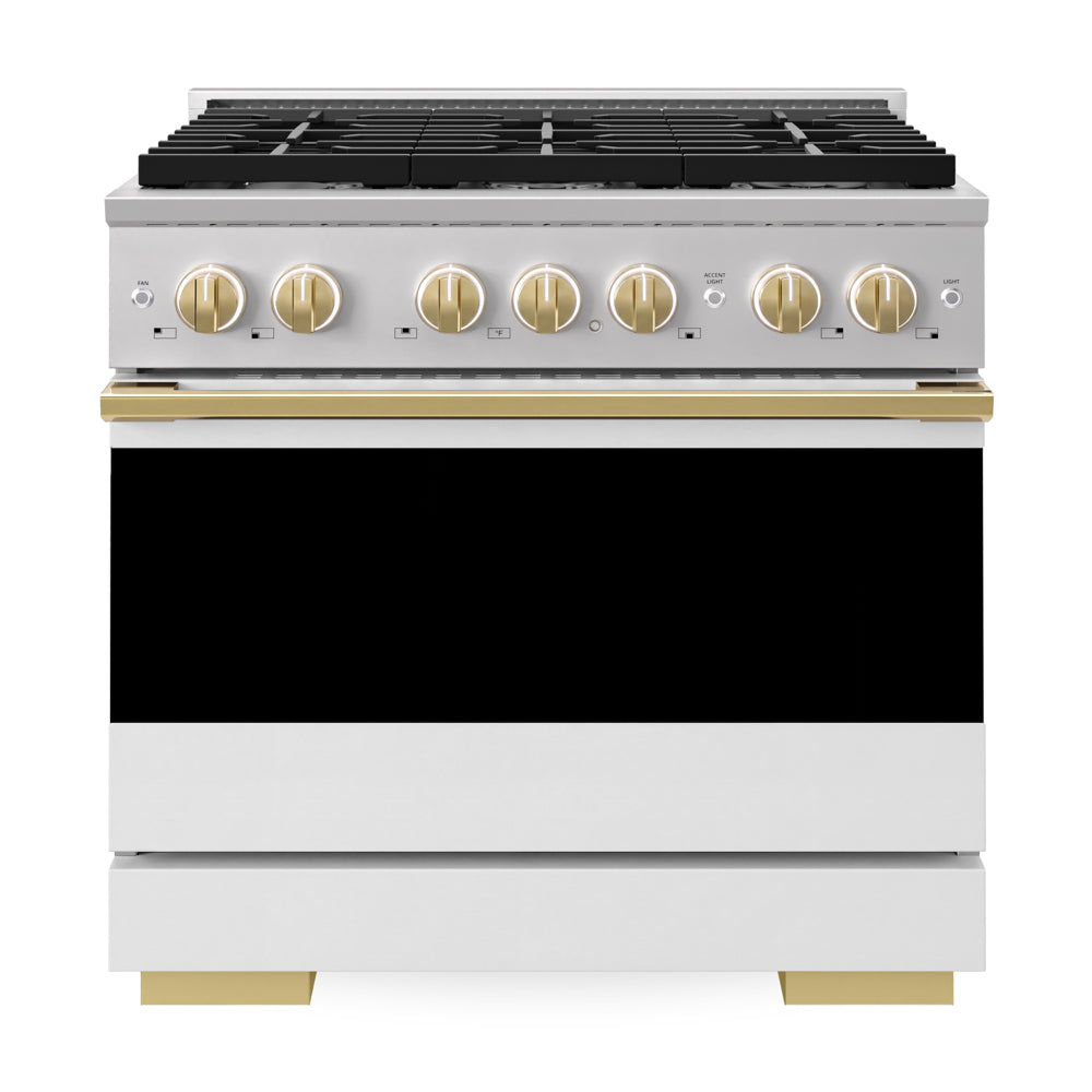 ZLINE Autograph Edition Marino 36-inch range in stainless steel with white matte door and polished gold accents MGRZ-WM-36-G, front view