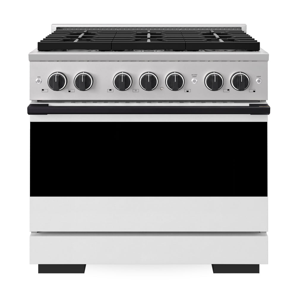 ZLINE Autograph Edition Marino 36-inch range in stainless steel with white matte door and matte black accents MGRZ-WM-36-MB, front view