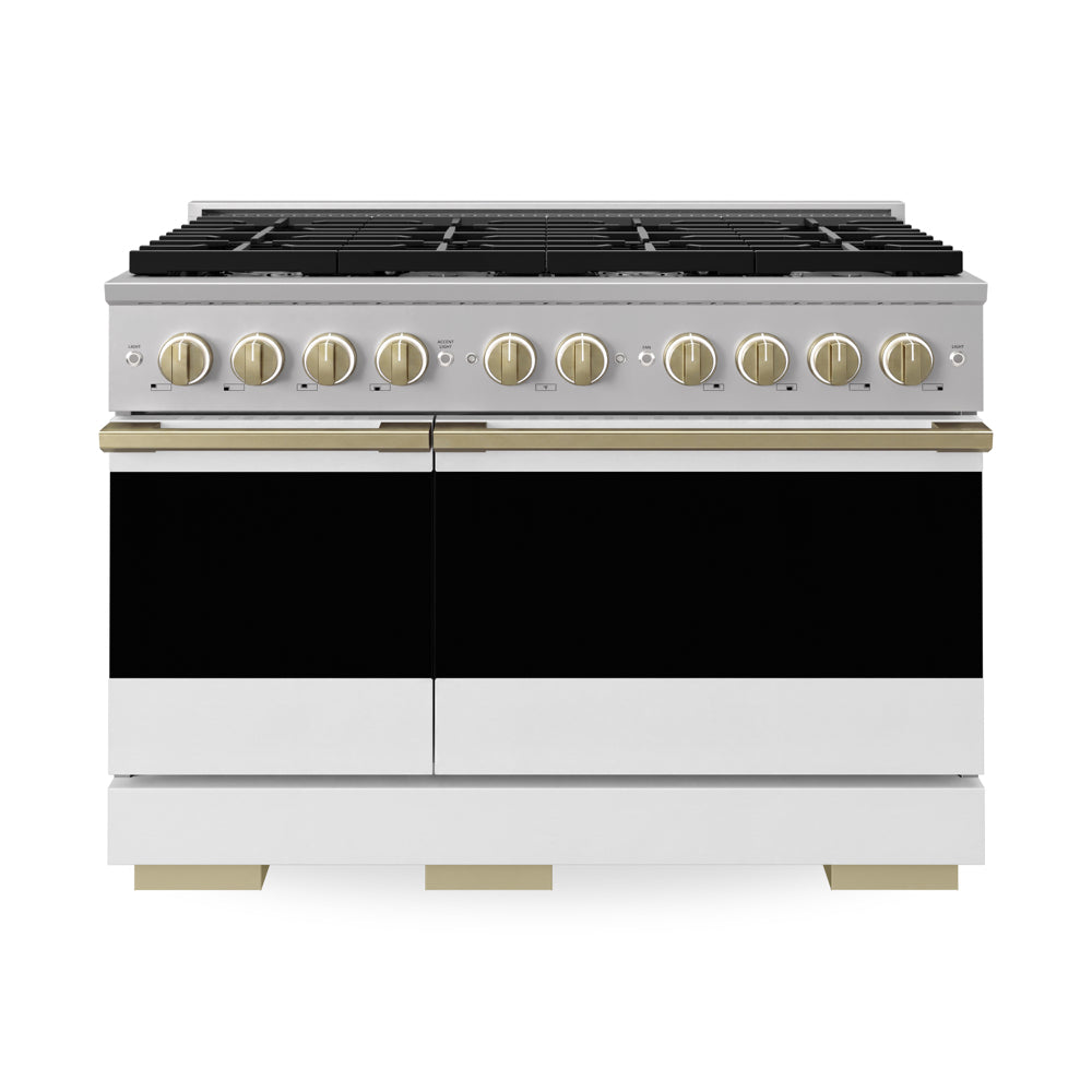 ZLINE Autograph Edition Marino 48-inch range in stainless steel with white matte door and champagne bronze accents MGRZ-WM-48-CB