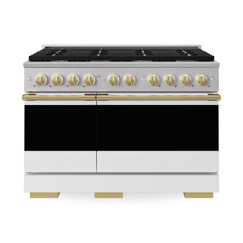 ZLINE Autograph Edition Marino 48-inch range in stainless steel with white matte door and polished gold accents MGRZ-WM-48-G
