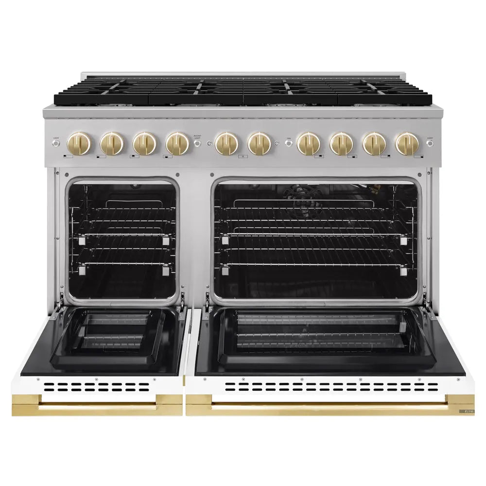 ZLINE Autograph Edition Marino 48-inch range in stainless steel with white matte door and polished gold accents MGRZ-WM-48-G, front view