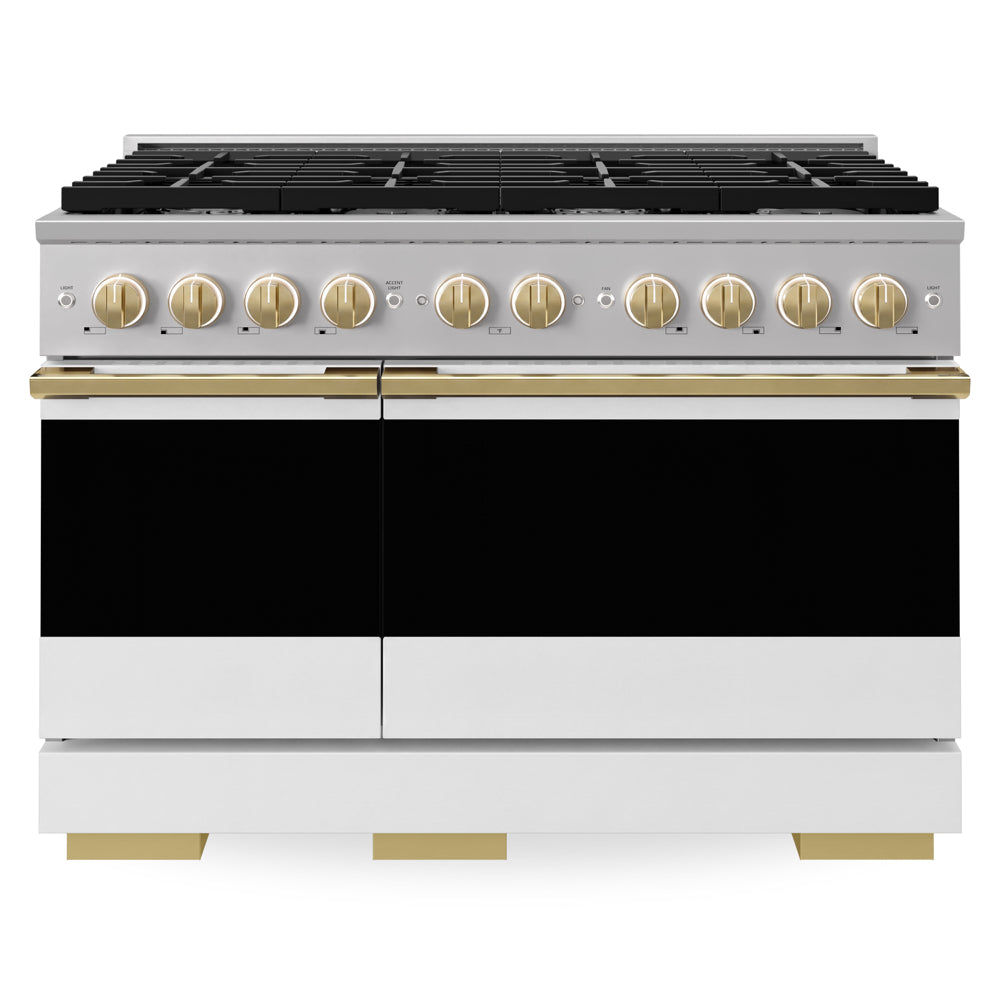 ZLINE Autograph Edition Marino 48-inch range in stainless steel with white matte door and polished gold accents MGRZ-WM-48-G, front view