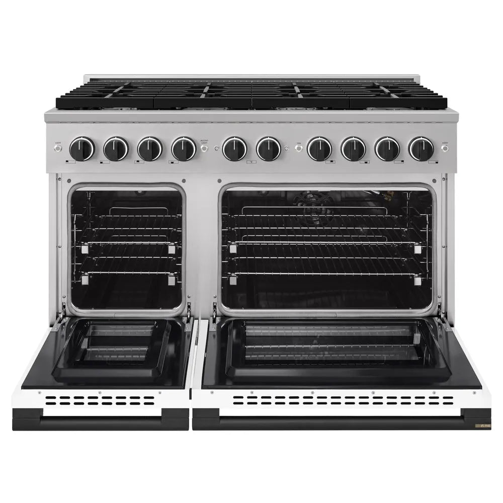 ZLINE Autograph Edition Marino 48-inch range in stainless steel with white matte door and matte black accents MGRZ-WM-48-MB, front view