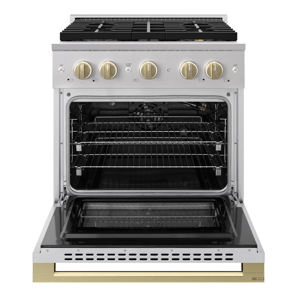 ZLINE Autograph Edition Marino 30-inch range in stainless steel and champagne bronze accents PMGRZ-30-CB, front view