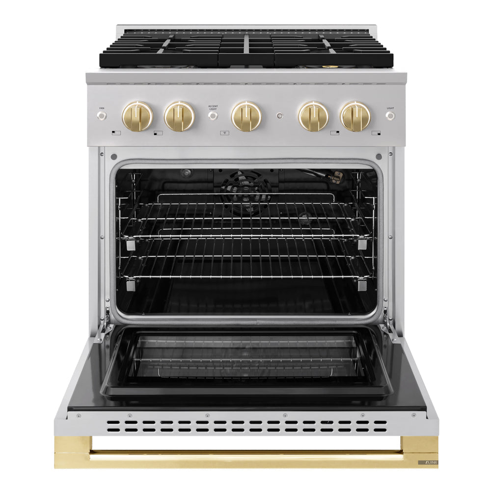 ZLINE Autograph Edition Marino 30-inch range in stainless steel and polished gold accents PMGRZ-30-G, front view
