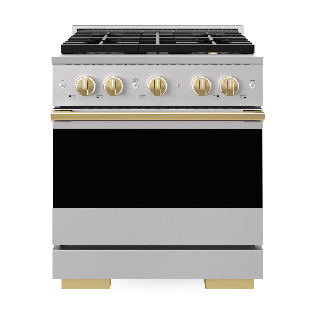 ZLINE Autograph Edition Marino 30-inch range in stainless steel and polished gold accents PMGRZ-30-G, front view
