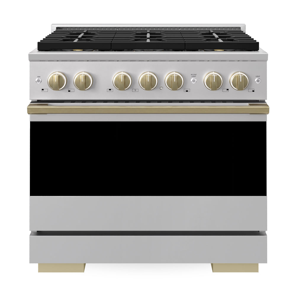 ZLINE Autograph Edition Marino 36-inch range in stainless steel and champagne bronze accents PMGRZ-36-CB, front view
