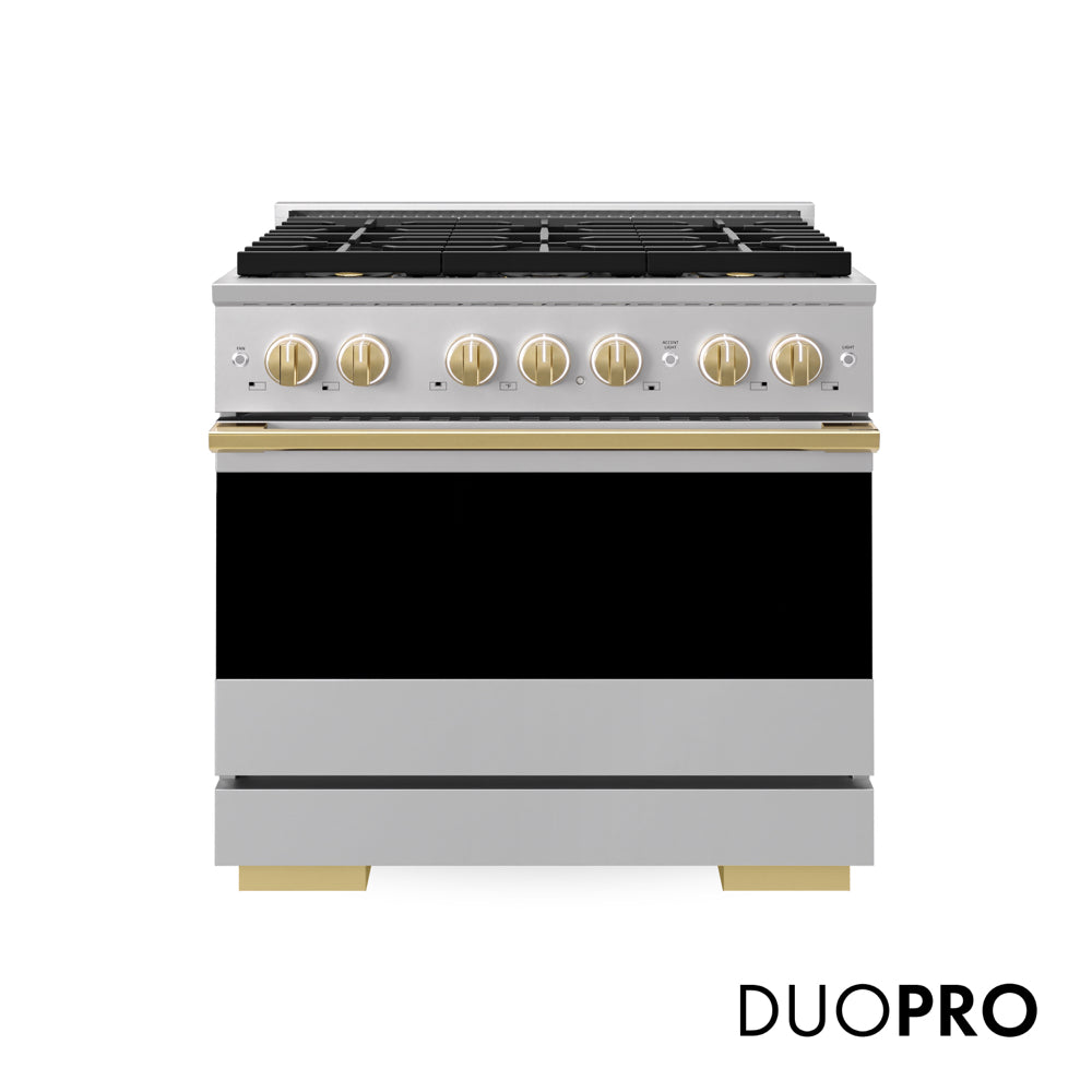 ZLINE Autograph Edition Marino 36-inch range in stainless steel and polished gold accents PMGRZ-36-G