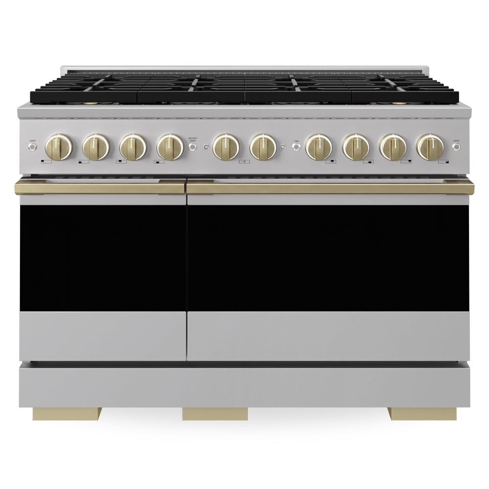 ZLINE Autograph Edition Marino 48-inch range in stainless steel and champagne bronze accents PMGRZ-48-CB, front view