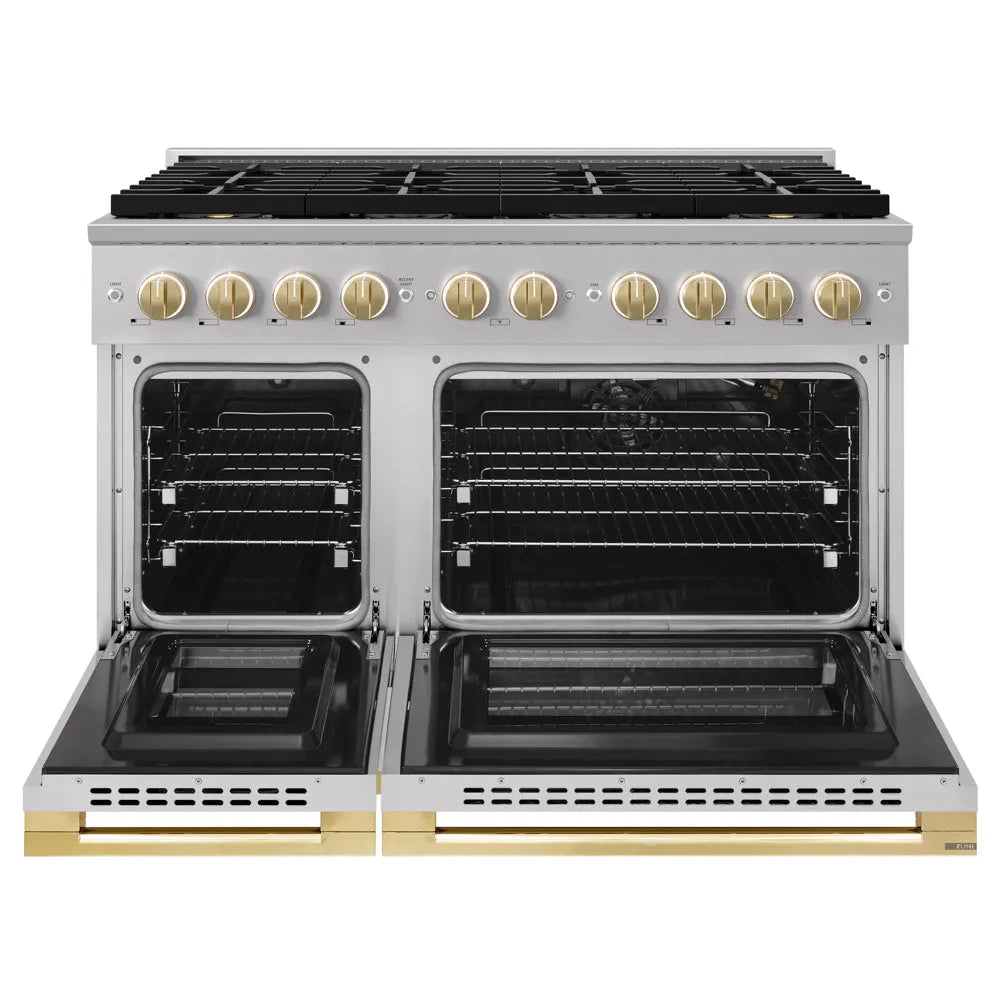 ZLINE Autograph Edition Marino 48-inch range in stainless steel and polished gold accents PMGRZ-48-G, front view