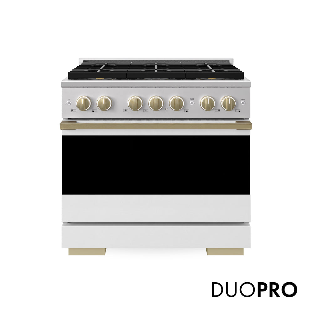 ZLINE Autograph Edition Marino 36-inch range in white matte and champagne bronze accents PMGRZ-WM-36-CB