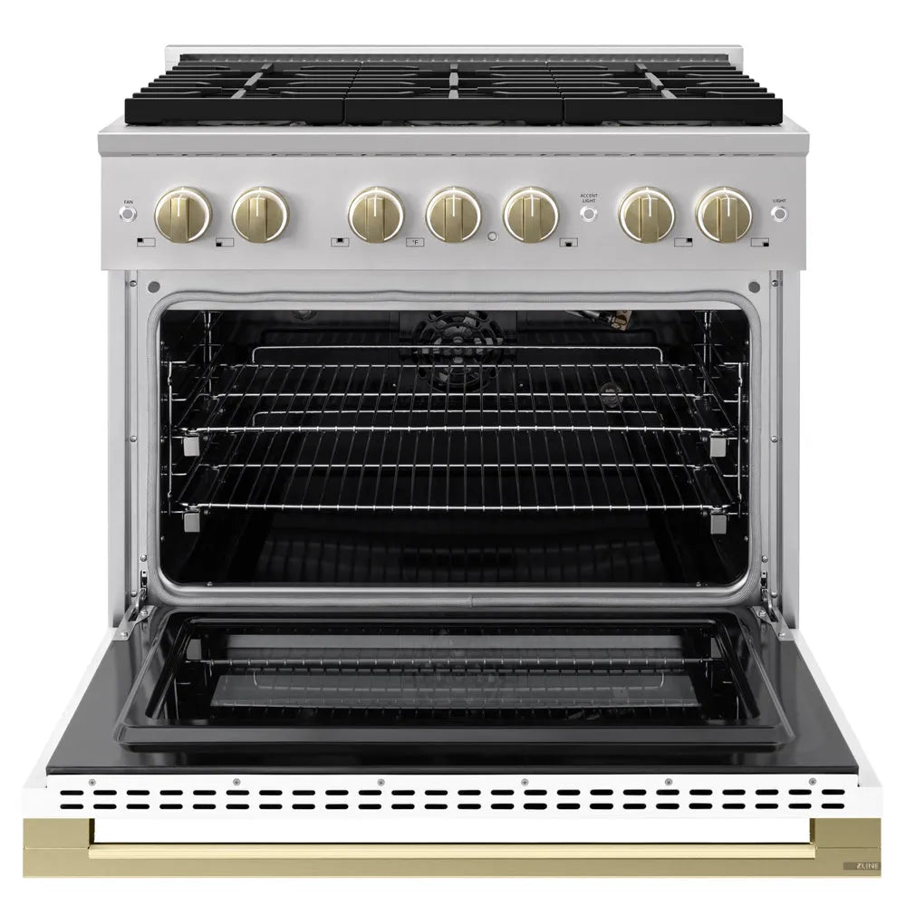 ZLINE Autograph Edition Marino 36-inch range in white matte and champagne bronze accents PMGRZ-WM-36-CB, front view
