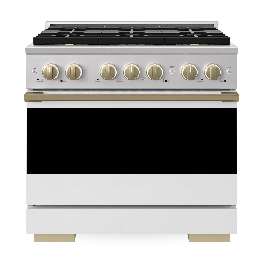 ZLINE Autograph Edition Marino 36-inch range in white matte and champagne bronze accents PMGRZ-WM-36-CB, front view