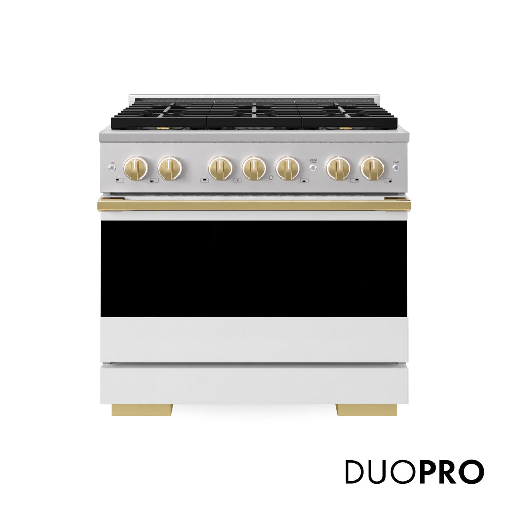 ZLINE Autograph Edition Marino 36-inch range in white matte and polished gold accents PMGRZ-WM-36-G