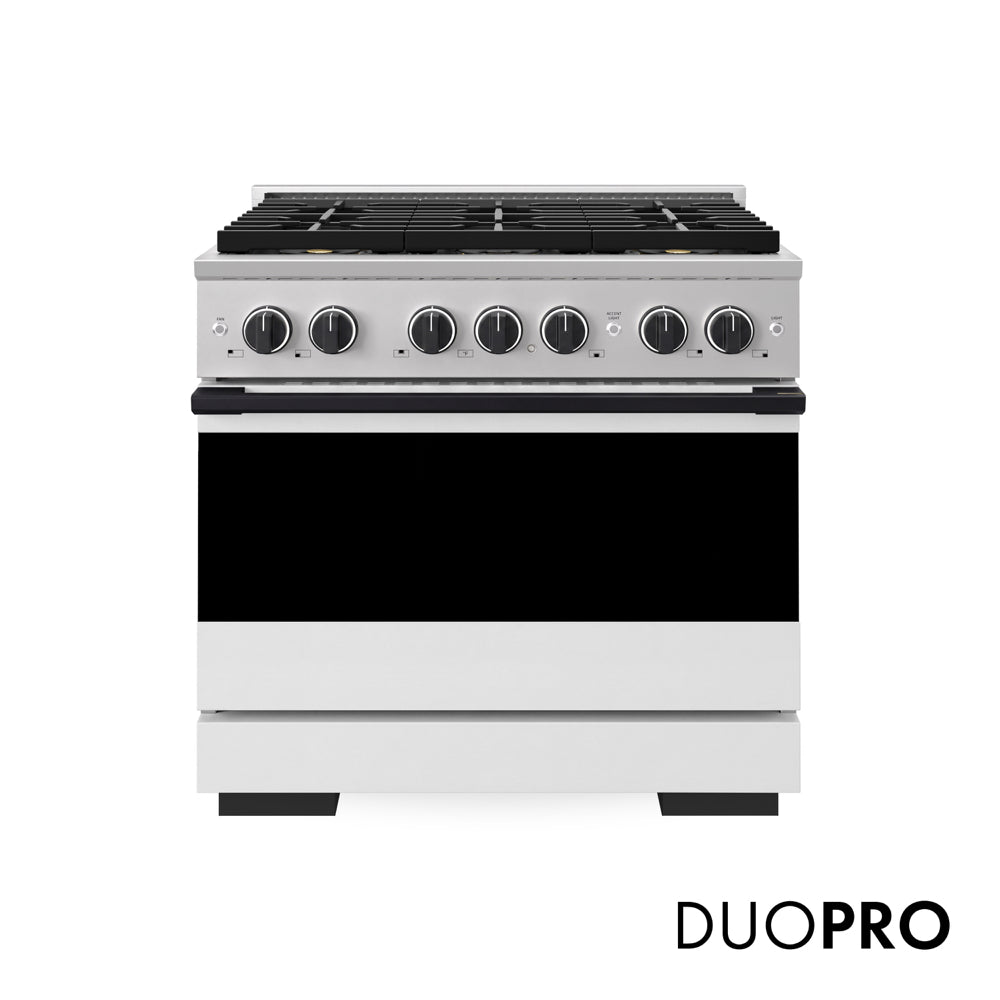 ZLINE Autograph Edition Marino 36-inch range in white matte and matte black accents PMGRZ-WM-36-MB