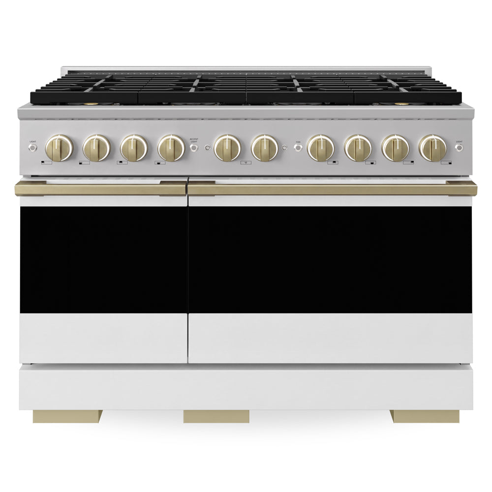 ZLINE Autograph Edition Marino 48-inch range in white matte and champagne bronze accents PMGRZ-WM-48-CB, front view