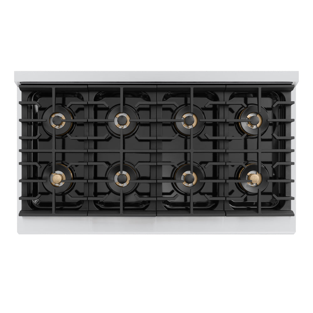 ZLINE Autograph Edition Marino 48-inch range in white matte and champagne bronze accents PMGRZ-WM-48-CB, from above