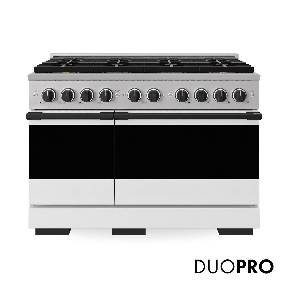 ZLINE Autograph Edition Marino 48-inch range in white matte and matte black accents PMGRZ-WM-48-MB