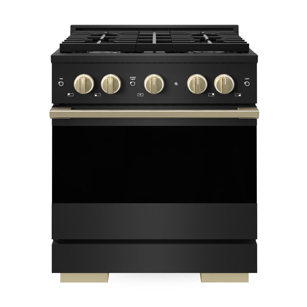 ZLINE Autograph Edition Marino 30-inch range in black stainless steel and champagne bronze accents MDRBZ-30-CB, front view