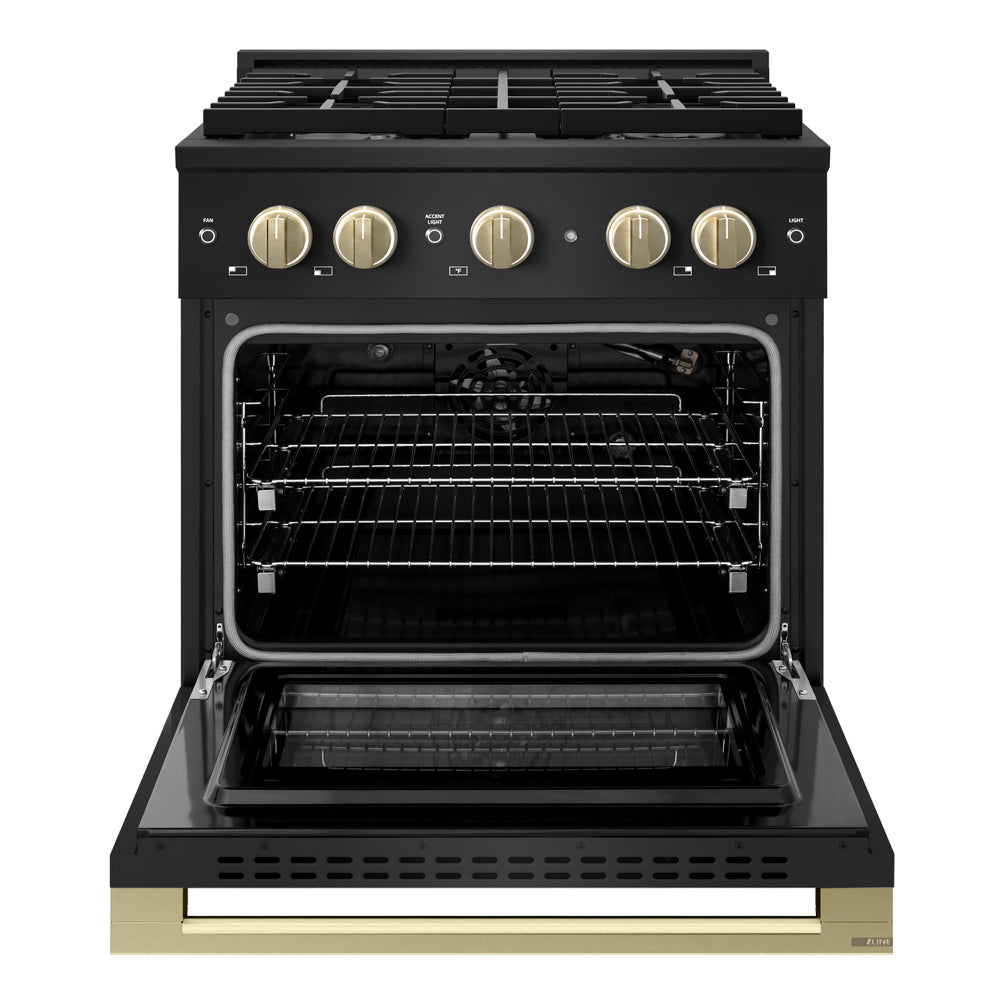 ZLINE Autograph Edition Marino 30-inch range in black stainless steel and champagne bronze accents MGRBZ-30-CB, front view