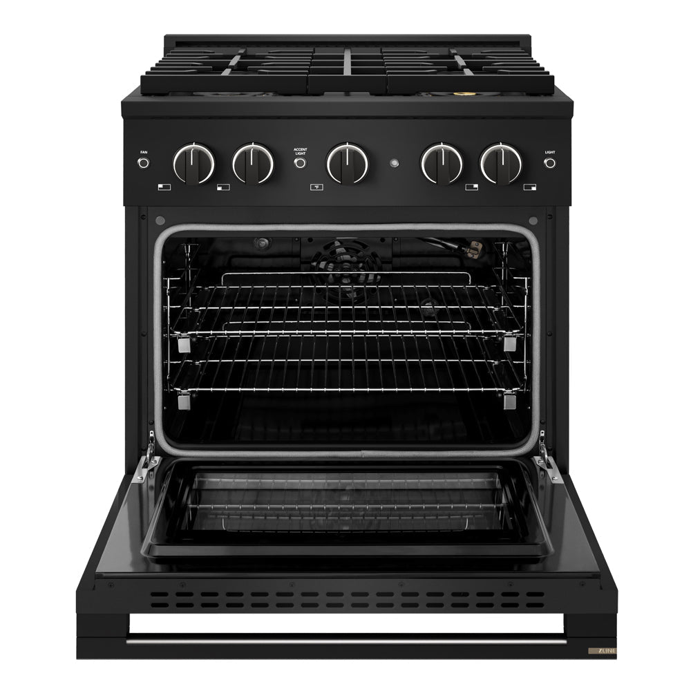 ZLINE Marino 30-inch range in black stainless steel PMGRB-30, front view