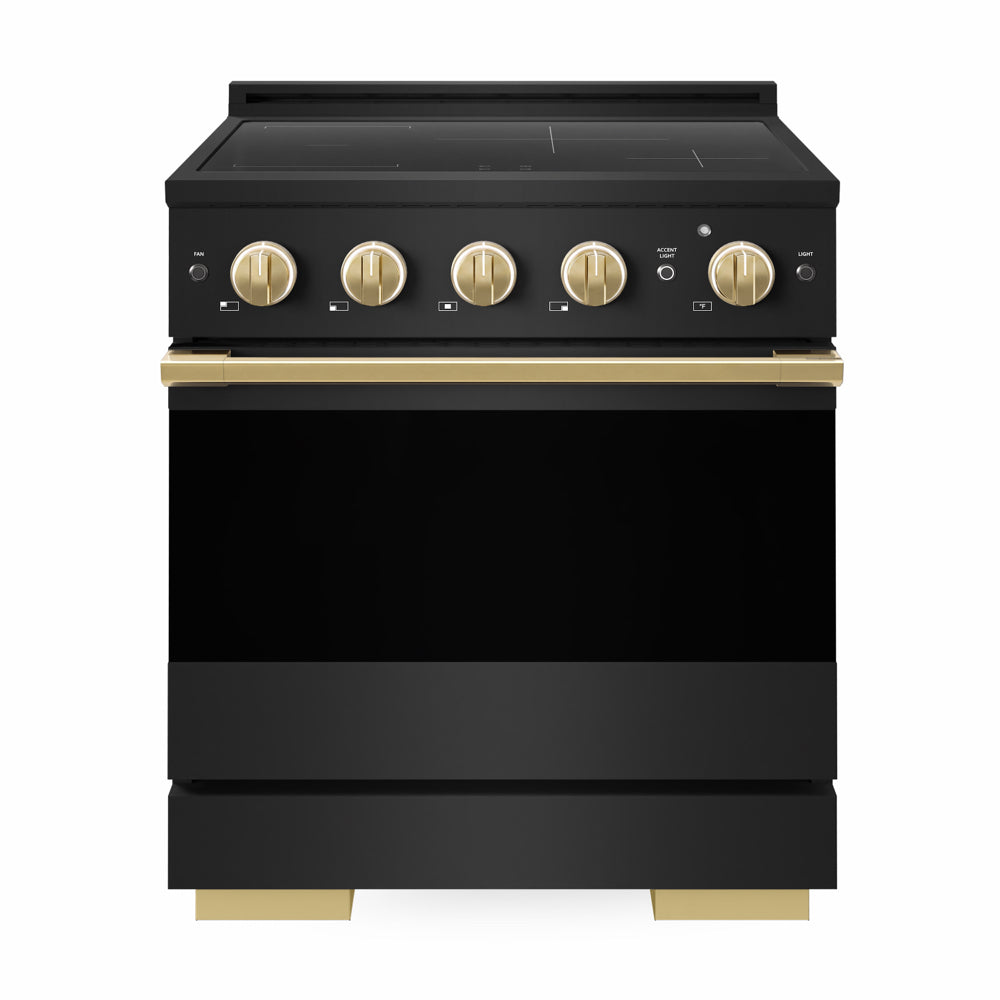 ZLINE Autograph Edition Marino 30-inch range in black stainless steel and polished gold accents MINRBZ-30-G, front view