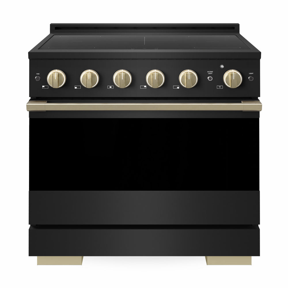 ZLINE Autograph Edition Marino 36-inch range in black stainless steel with black matte door and champagne bronze accents MINRBZ-36-CB, front view