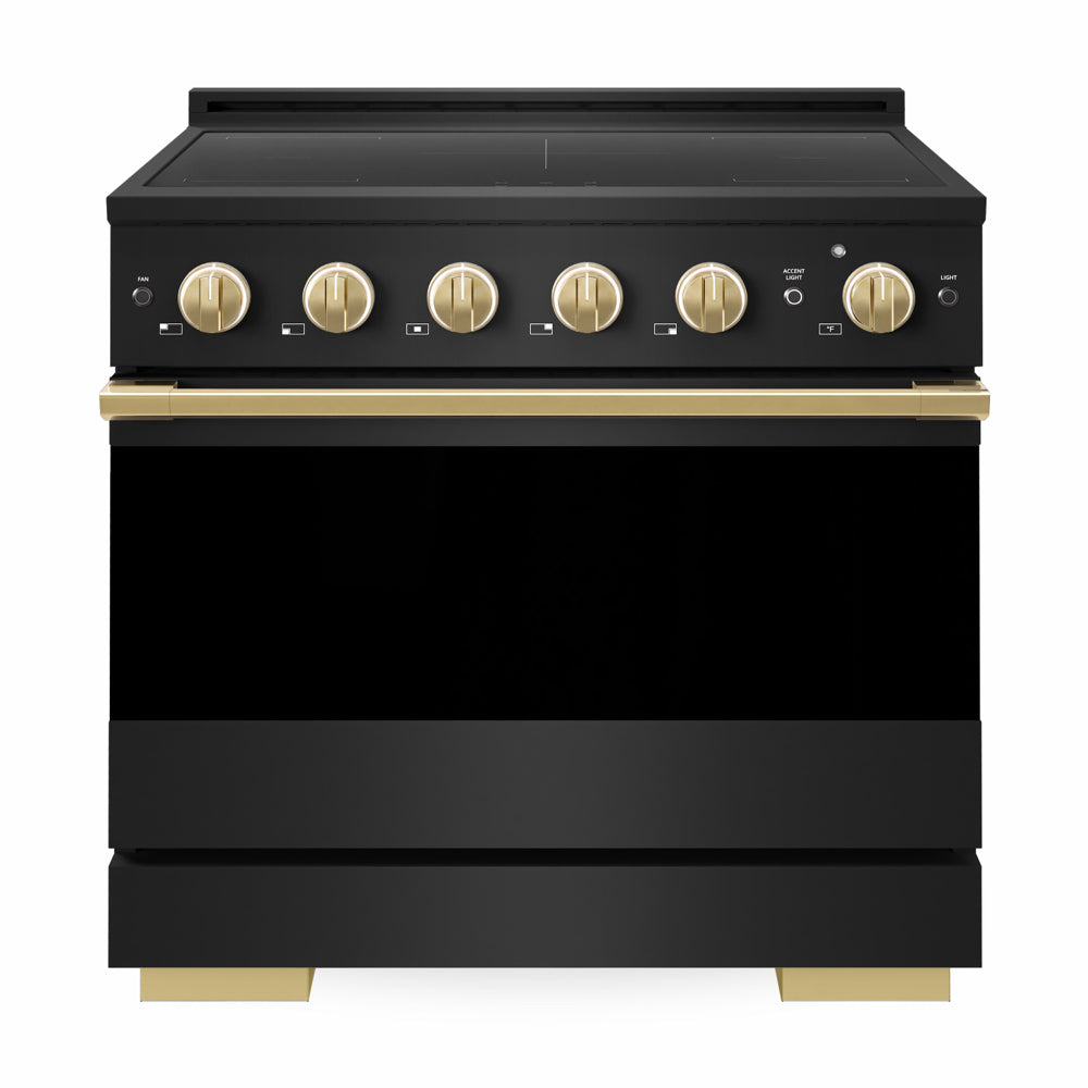 ZLINE Autograph Edition Marino 36-inch range in black stainless steel and polished gold accents MINRBZ-36-G, front view