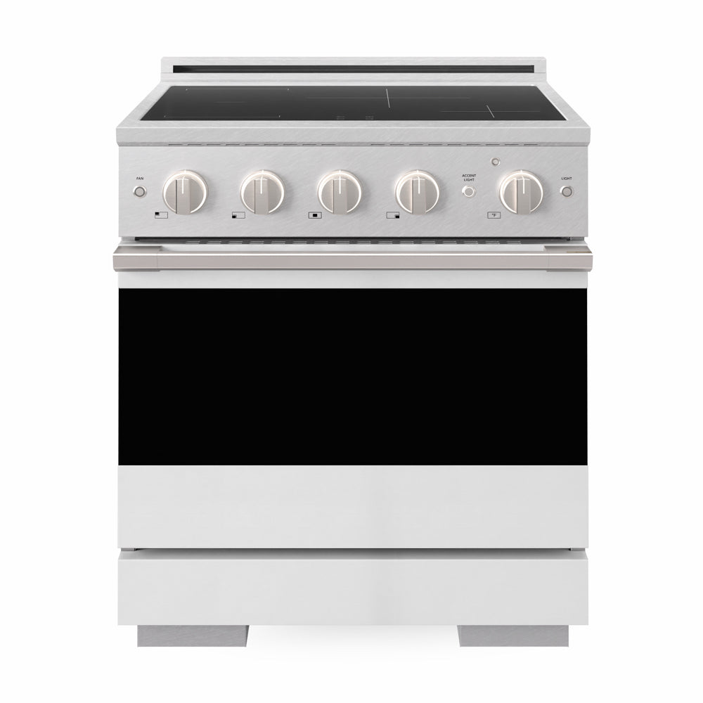 ZLINE Marino 30-inch range in satin stainless steel with white matte door MINRS-WM-30, front view