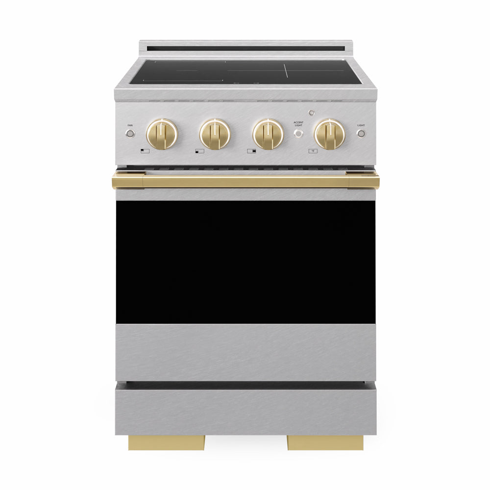 ZLINE Autograph Edition Marino 24-inch range in satin stainless steel and polished gold accents MINRSZ-24-G, front view