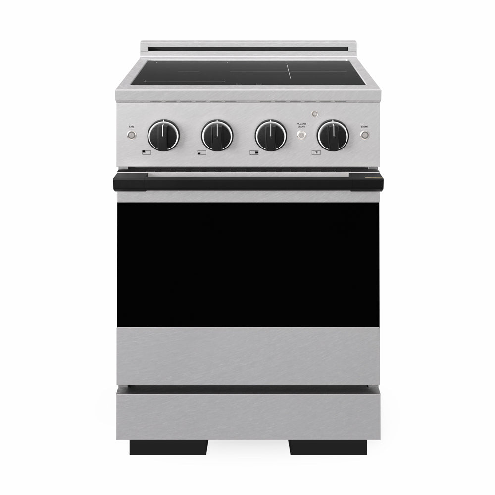ZLINE Autograph Edition Marino 24-inch range in satin stainless steel and matte black accents MINRSZ-24-MB, front view
